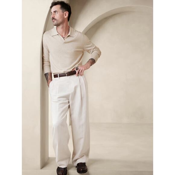 Banana Republic Men’s XL Sweater Polo Cashmere Silk Blend Heather Oatmeal NWT - Picture 1 of 13